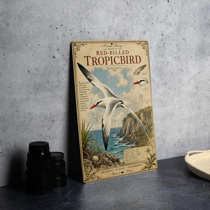 A vintage-style poster of a red-billed tropical bird, featuring a detailed illustration of the bird in flight and its natural habitat.