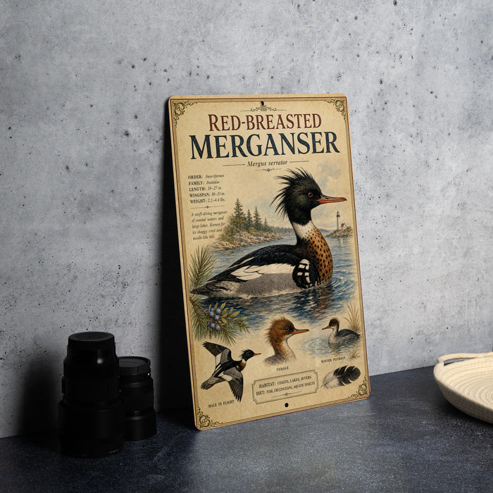 a vintage-style metal sign with illustrations of ducks and mergansers, along with text providing information about the species.