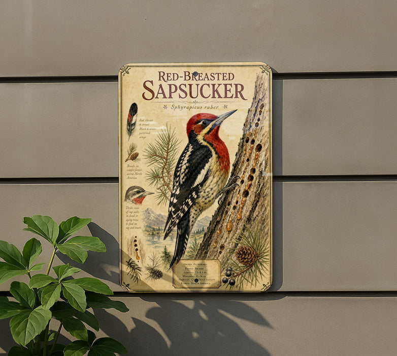 a vintage-style metal plaque with an illustration of a red-breasted sapsucker, a type of woodpecker, perched on a tree trunk.