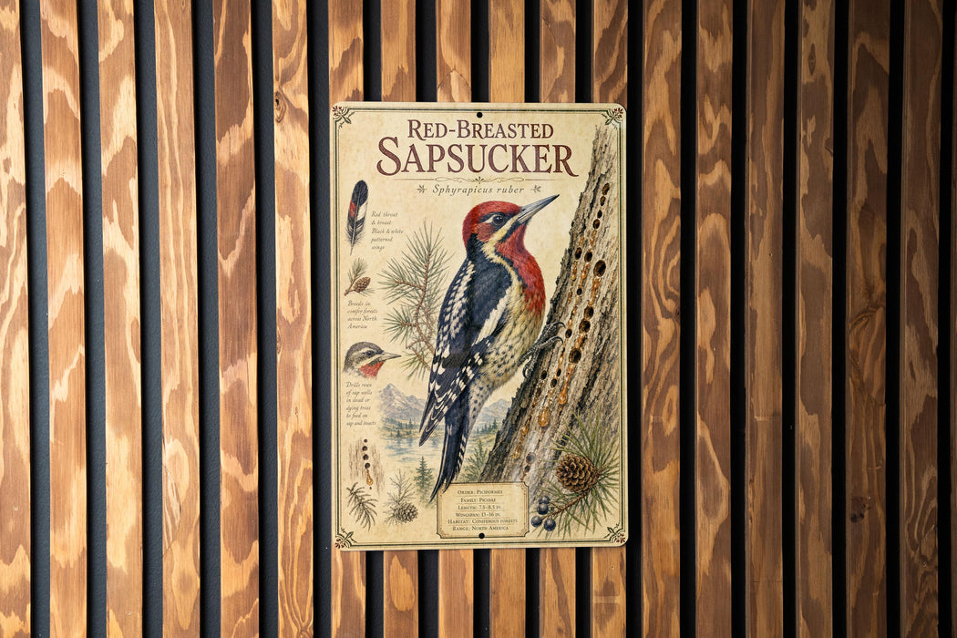 a vintage-style metal plaque with an illustration of a red-breasted sapsucker, a type of woodpecker, perched on a tree trunk.