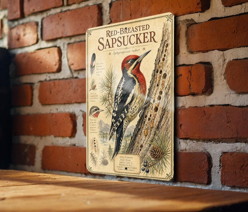a vintage-style illustration of a red-breasted sapsucker, a type of woodpecker, perched on a tree branch. The illustration is mounted on a brick wall, and there is a wooden table below it.