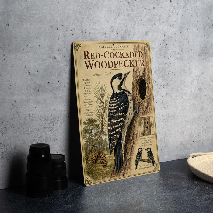 a wooden book titled "Red-Cockaded Woodpecker" with an illustration of a woodpecker on the cover.