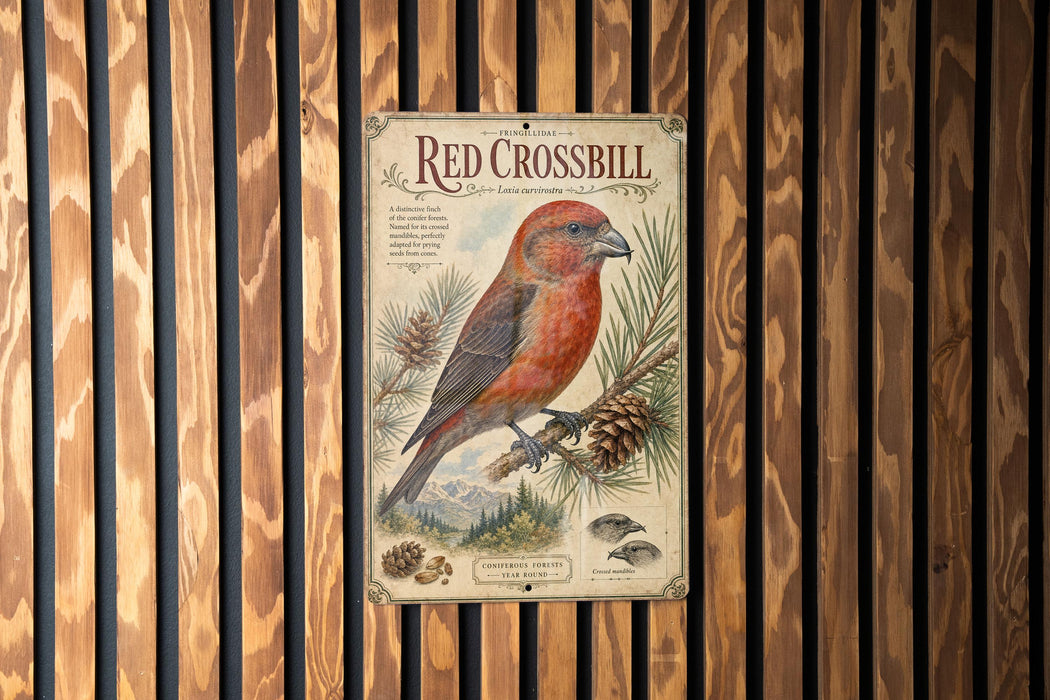 a vintage-style metal sign with a red bird perched on a pine tree branch, surrounded by pine cones and pine needles.