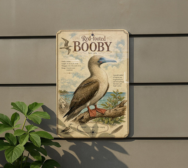 a sign for the Red-topped Booby, a species of bird, with a detailed illustration of the bird perched on a branch.