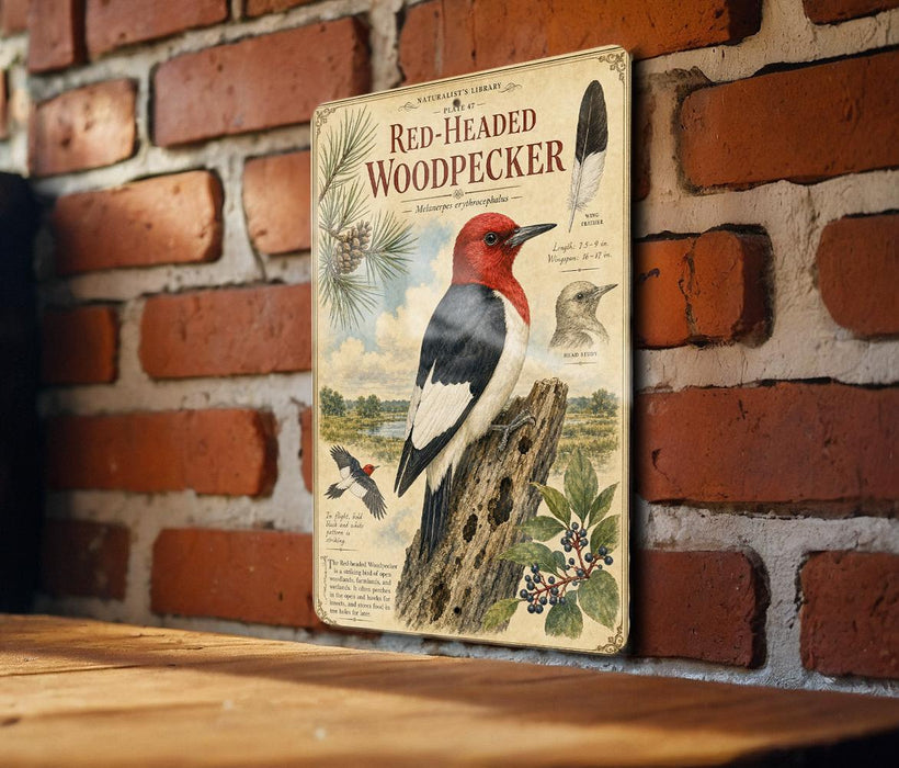 a vintage-style metal sign with illustrations and text, mounted on a brick wall.