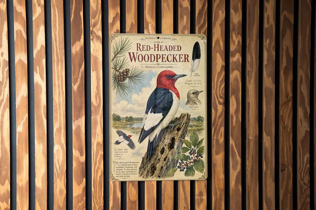 a poster of a red-headed woodpecker, with illustrations and text providing information about the bird.