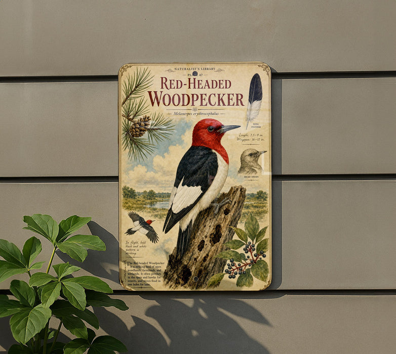 a vintage-style metal sign with illustrations of a red-headed woodpecker, pine cones, and other wildlife elements, mounted on a wall.