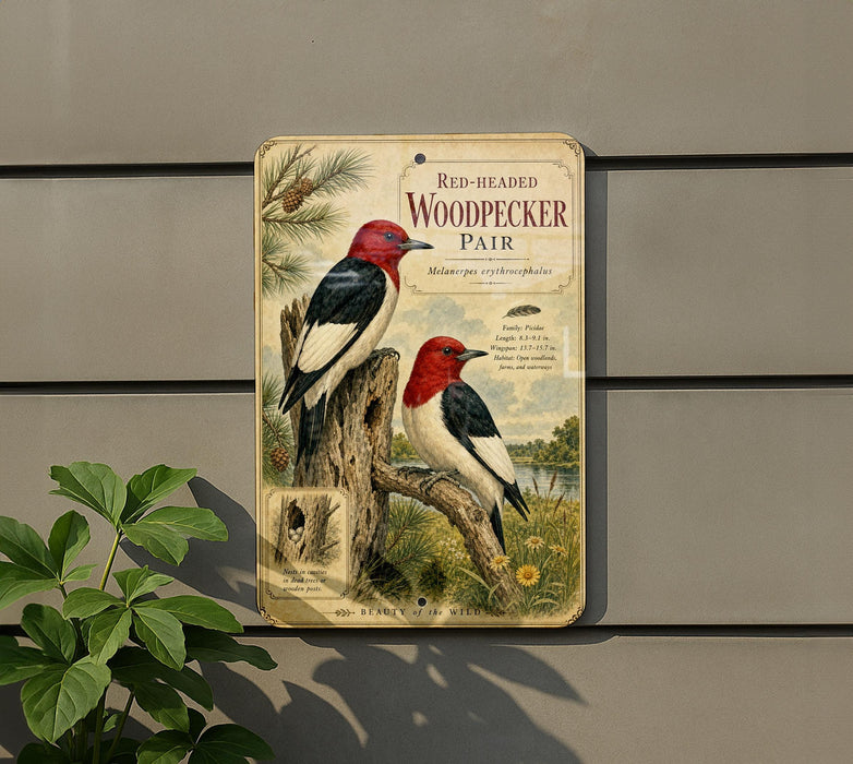 a vintage-style advertisement for a woodpecker, with illustrations of two woodpeckers perched on a tree stump.