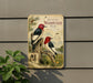 a vintage-style advertisement for a woodpecker, with illustrations of two woodpeckers perched on a tree stump.
