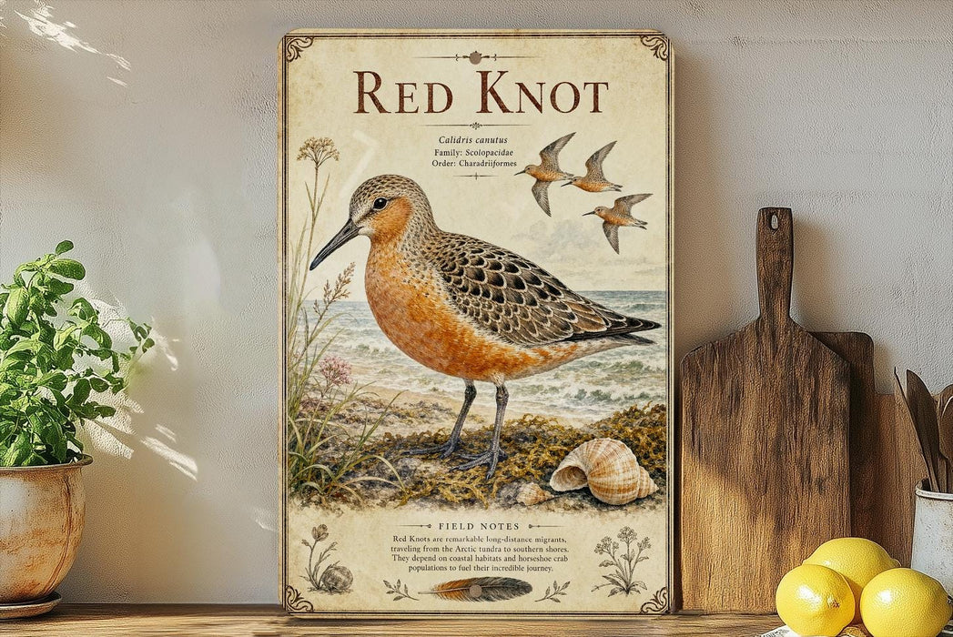 a framed illustration of a red knot bird, a coastal bird species, standing on a beach with a shell and a plant in the background.