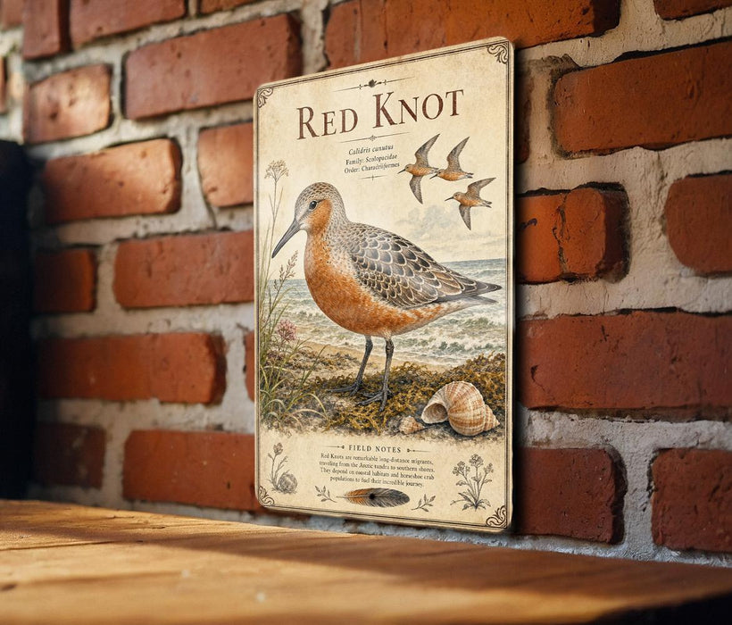 A vintage-style metal sign with an illustration of a red knot bird on a brick wall, featuring text and decorative elements.