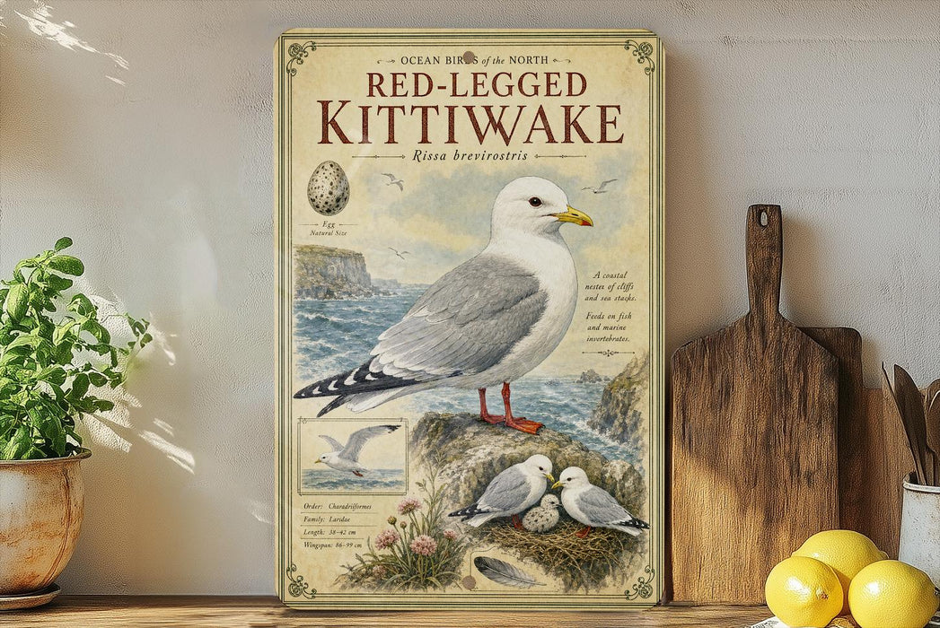 a vintage-style poster of a red-legged Kittiwake bird, with illustrations of the bird, its nest, and its surroundings. The poster is displayed on a wall next to a wooden cutting board and a potted plant.