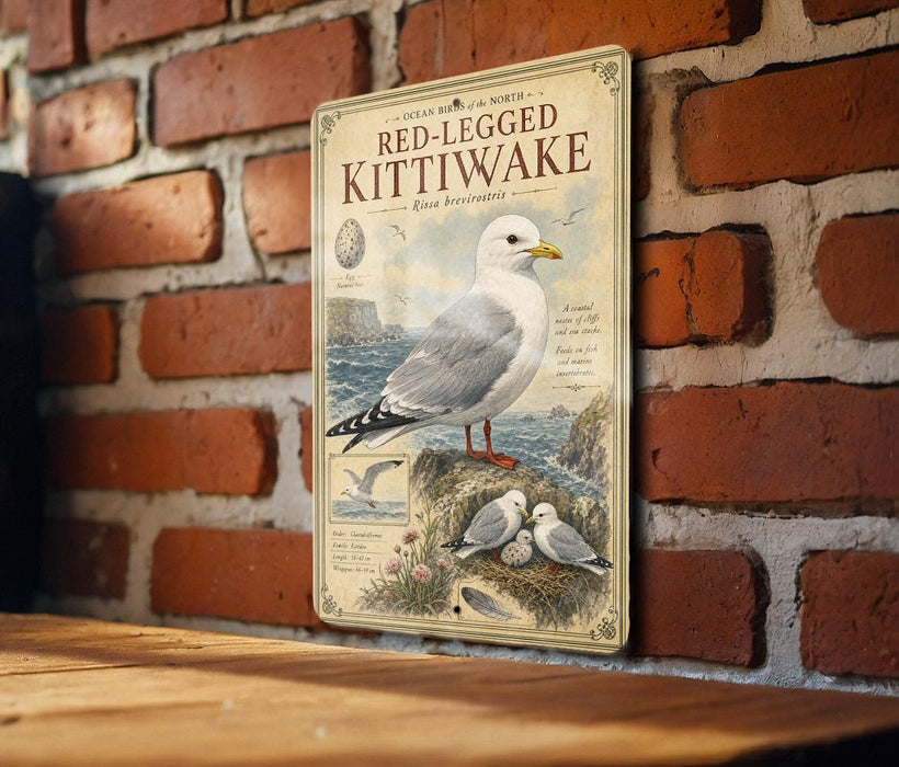 a vintage-style metal sign with a seagull illustration, mounted on a brick wall.
