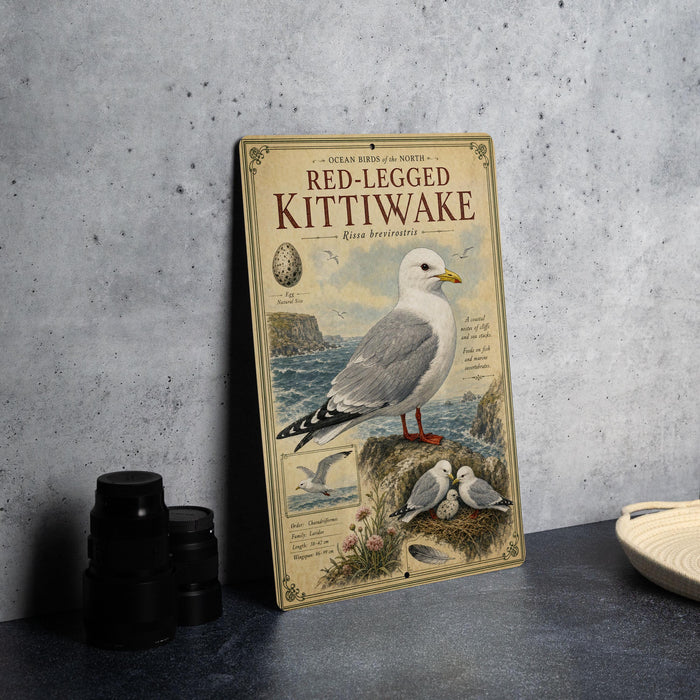 a vintage-style poster of a red-legged kittiwake bird, with illustrations and text providing information about the bird.