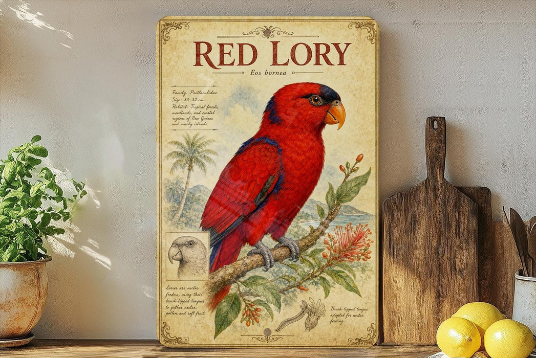 a large, colorful parrot, specifically a Red Lory, perched on a branch. The parrot is surrounded by various tropical plants and flowers, creating a vibrant and lush scene. The image is set against a backdrop of a white wall, with a wooden cutting board and a potted plant visible in the foreground.