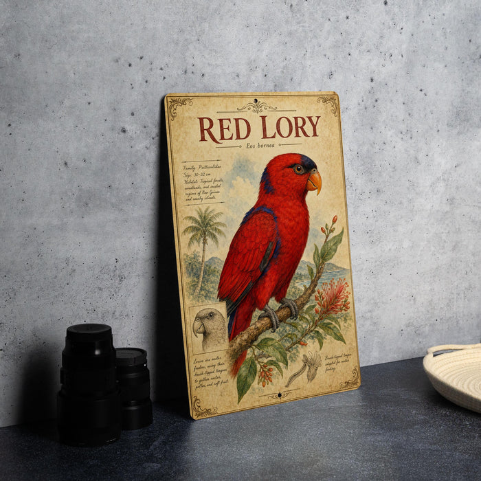 a vintage-style poster of a red lory parrot, with a detailed illustration of the bird perched on a branch and surrounded by tropical foliage.
