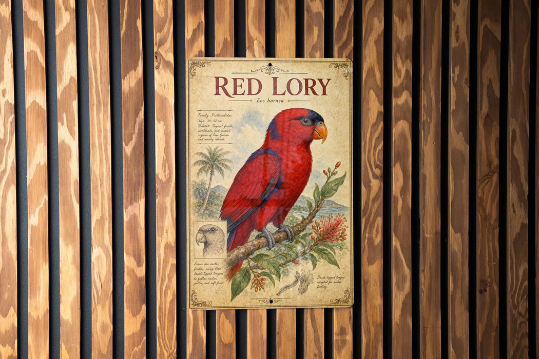 a poster of a red lory bird, which is a type of parrot, displayed on a wooden wall.