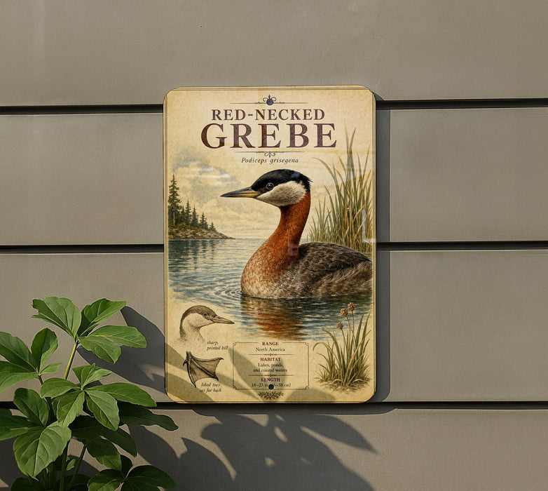 a vintage-style book cover for "Red-Necked Grebe" with a detailed illustration of a red-necked grebe swimming in a body of water.