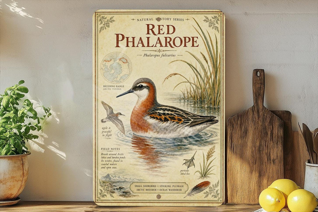 a vintage-style illustration of a red phalarope, a type of wading bird, with a detailed depiction of its natural habitat and features.