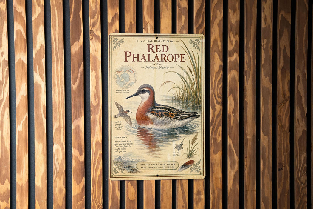 a vintage-style metal sign with a bird illustration, mounted on a wooden wall.