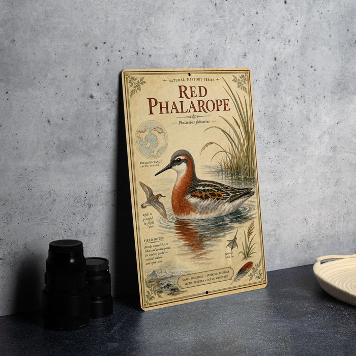 A vintage-style metal sign with illustrations and text about the Red Phalarope, a type of water bird, is displayed on a gray countertop.