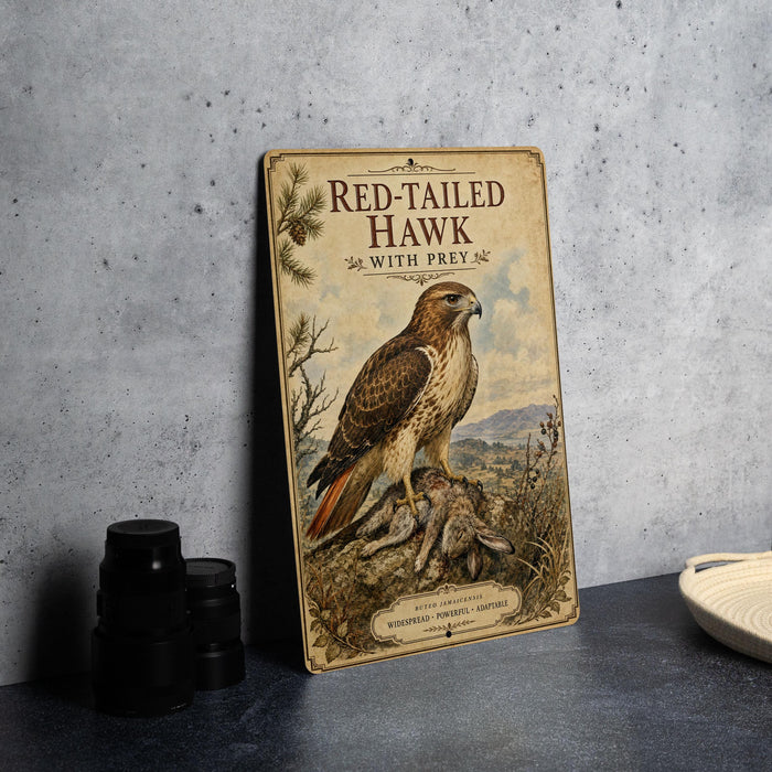 a vintage-style poster of a red-tailed hawk with a caption that reads "RED-TAILED HAWK WITH PREY".