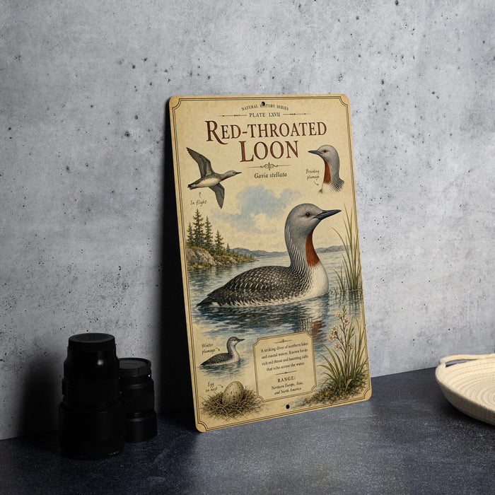 a vintage-style metal sign with illustrations of birds, including a loon, and text about the Red-Throated Loon.