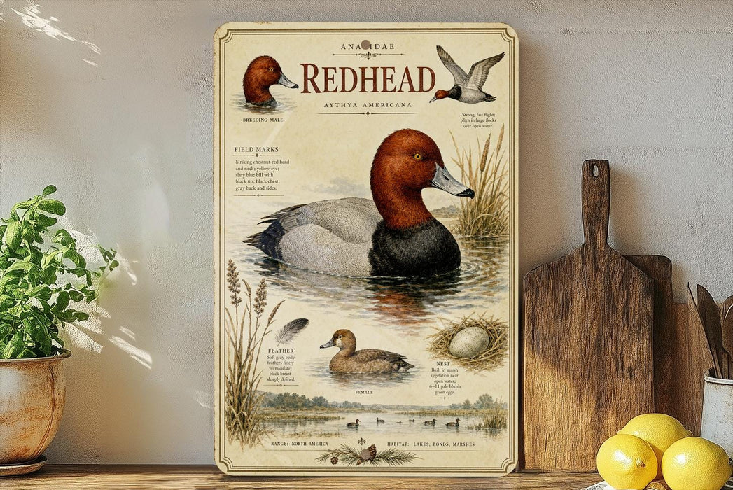 a vintage-style illustration of a Redhead duck, accompanied by text and illustrations of the duck in various poses and environments.