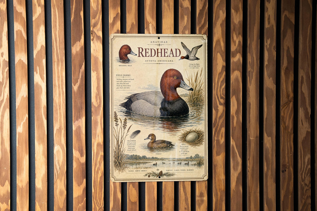 The image is a poster or illustration of a redhead duck, featuring detailed illustrations and text about the species.