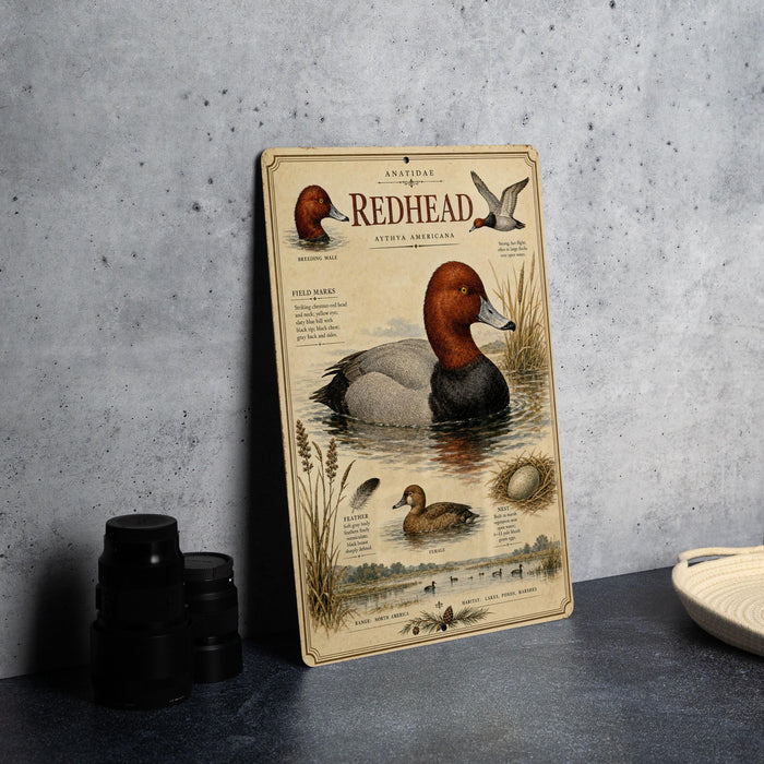 a metal sign with illustrations and text about ducks, specifically the Redhead duck, placed on a table next to some black camera lenses.