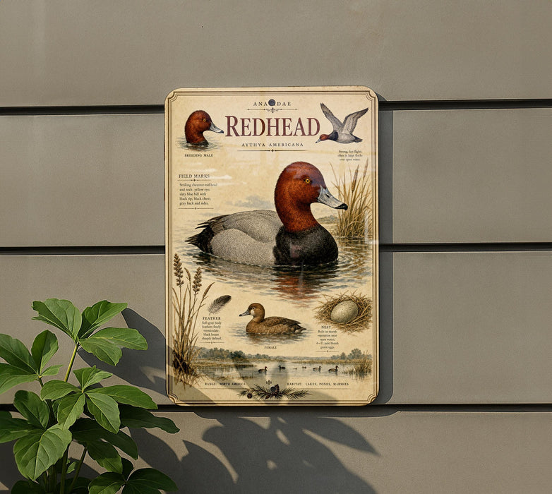 a vintage-style informational sign about the Redhead duck, mounted on a wall next to a plant.