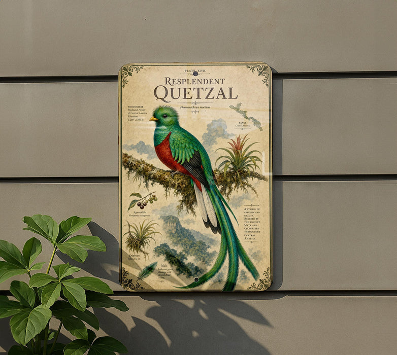 a vintage-style metal sign with a colorful illustration of a quetzal bird perched on a branch, surrounded by various plants and foliage.