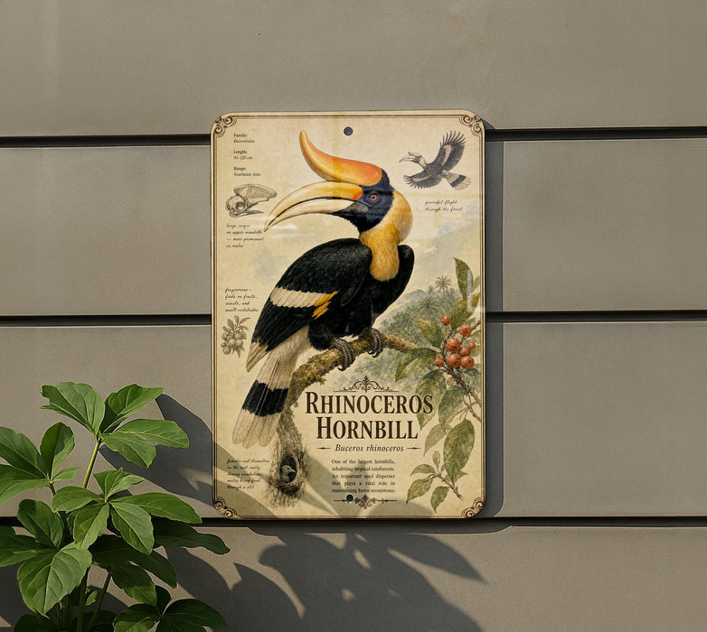 a vintage-style metal sign with a detailed illustration of a hornbill bird, surrounded by various plant illustrations.