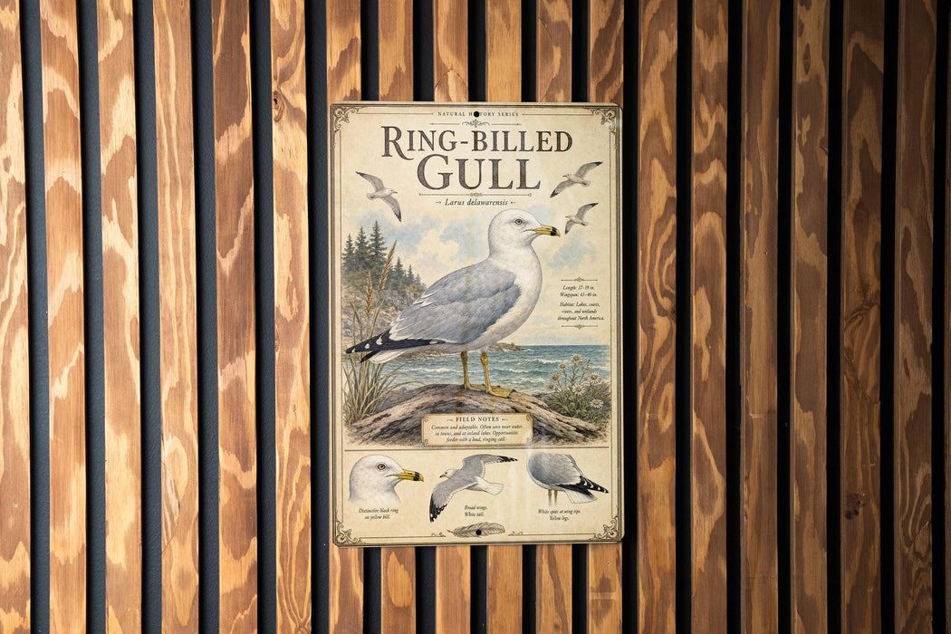 A poster about the Ring-billed Gull, featuring an illustration of the bird and some text.