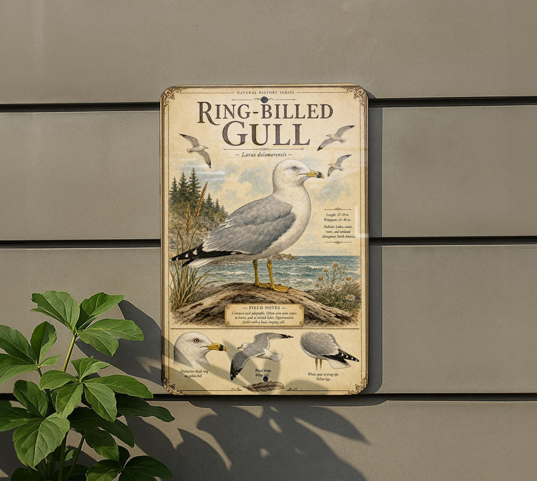 a metal sign with a detailed illustration of a ring-billed gull, accompanied by additional information about the bird.