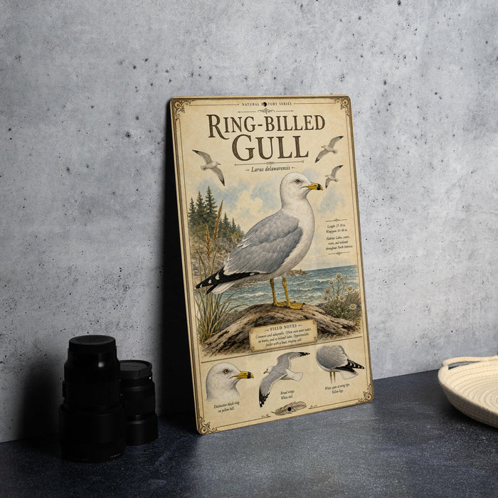 A framed illustration of a ring-billed gull, a seabird, is displayed on a wall next to a stack of black camera lenses.