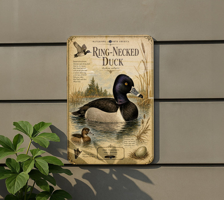 A metal sign with a picture of a ring-necked duck, along with text and illustrations, is mounted on a wall next to a plant.