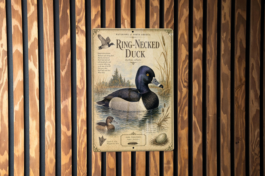 a sign with a duck illustration, mounted on a wooden wall.