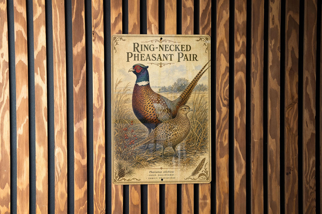 A vintage-style poster of a pheasant, featuring a ring-necked pheasant and a pheasant with a crest, displayed on a wooden wall.