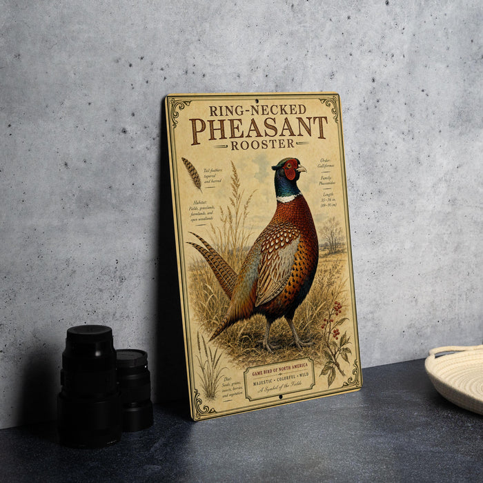 a vintage-style poster of a pheasant rooster, with a detailed illustration of the bird and text providing information about the species.