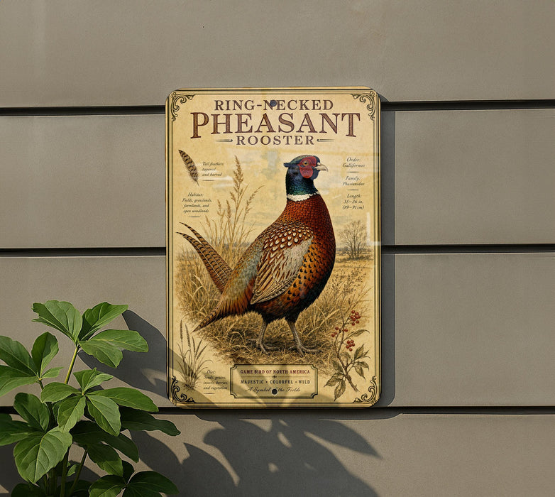 A metal sign featuring a detailed illustration of a ring-necked pheasant rooster, with text describing the bird's features and habitat.