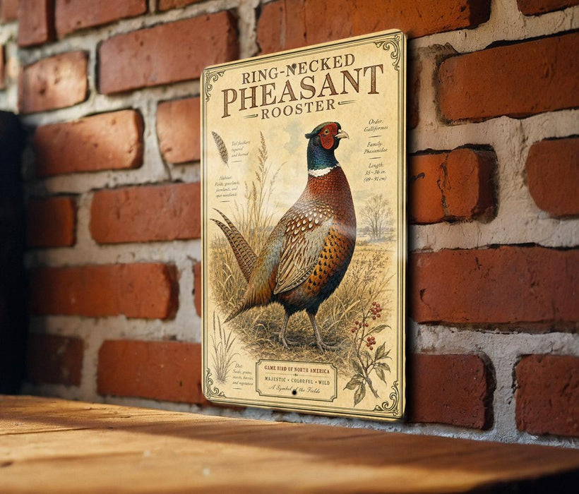 A metal sign featuring an illustration of a pheasant, mounted on a brick wall.