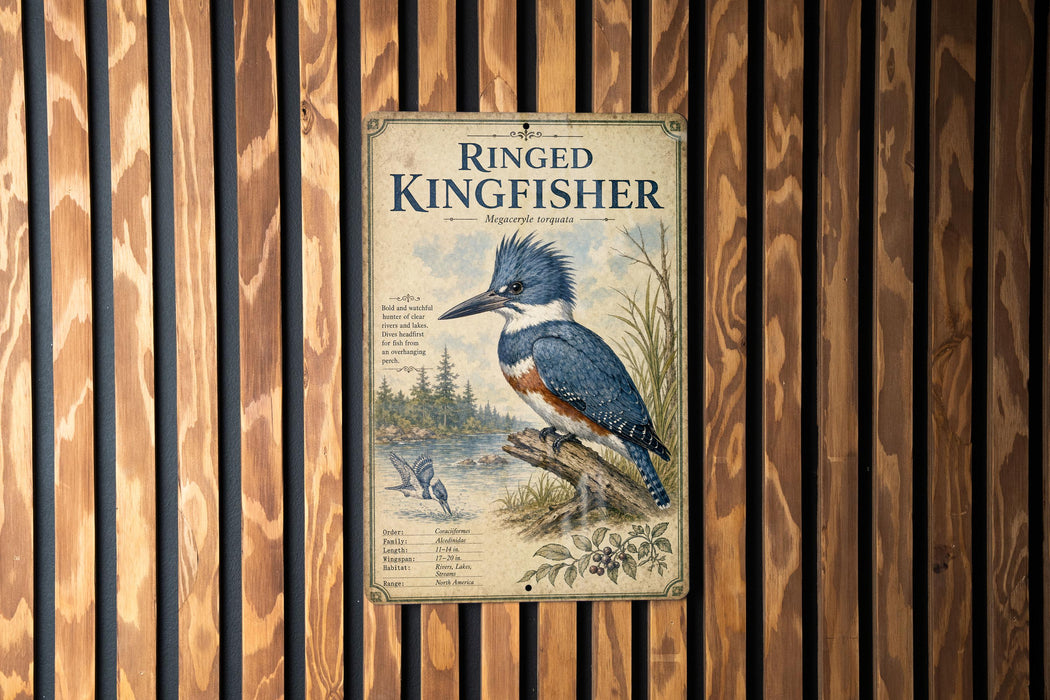 A sign for the "Ringed Kingfisher" is displayed on a wooden wall, featuring a detailed illustration of the bird and its natural habitat.