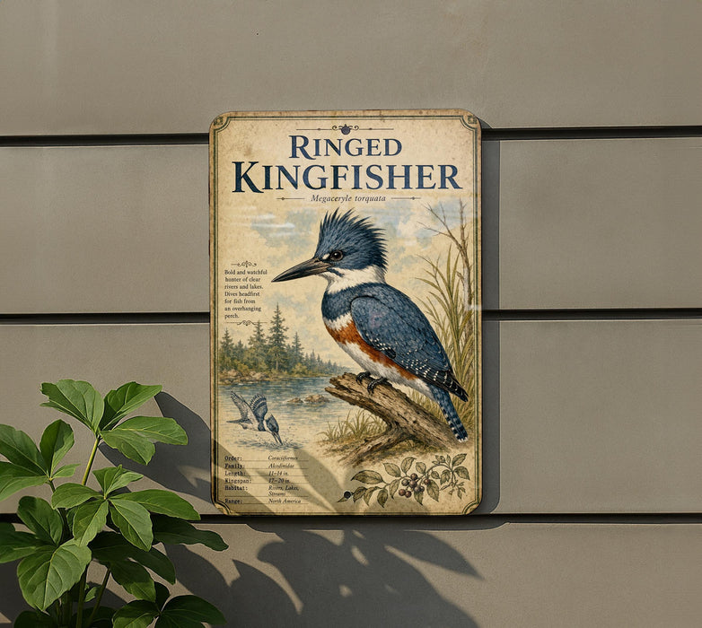 A vintage-style metal sign featuring an illustration of a blue kingfisher bird perched on a tree branch, with a background depicting a river and forest.