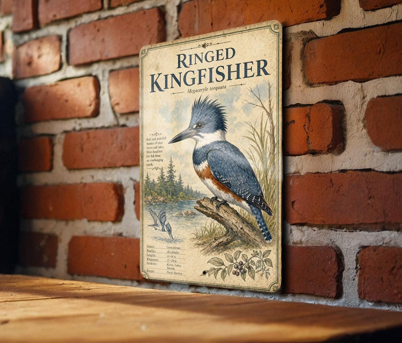 A vintage-style metal sign featuring an illustration of a blue kingfisher bird perched on a branch, with a brick wall in the background.