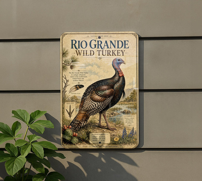 A vintage-style metal sign featuring a detailed illustration of a wild turkey, with text describing the Rio Grande Wild Turkey as a unique subspecies.