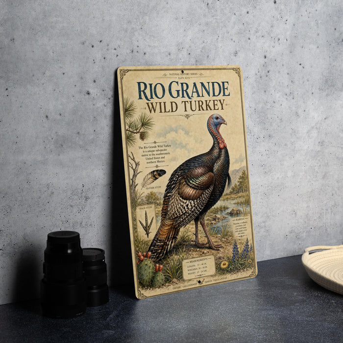 A vintage-style poster or sign for Rio Grande Wild Turkey, featuring an illustration of a wild turkey in a natural setting.