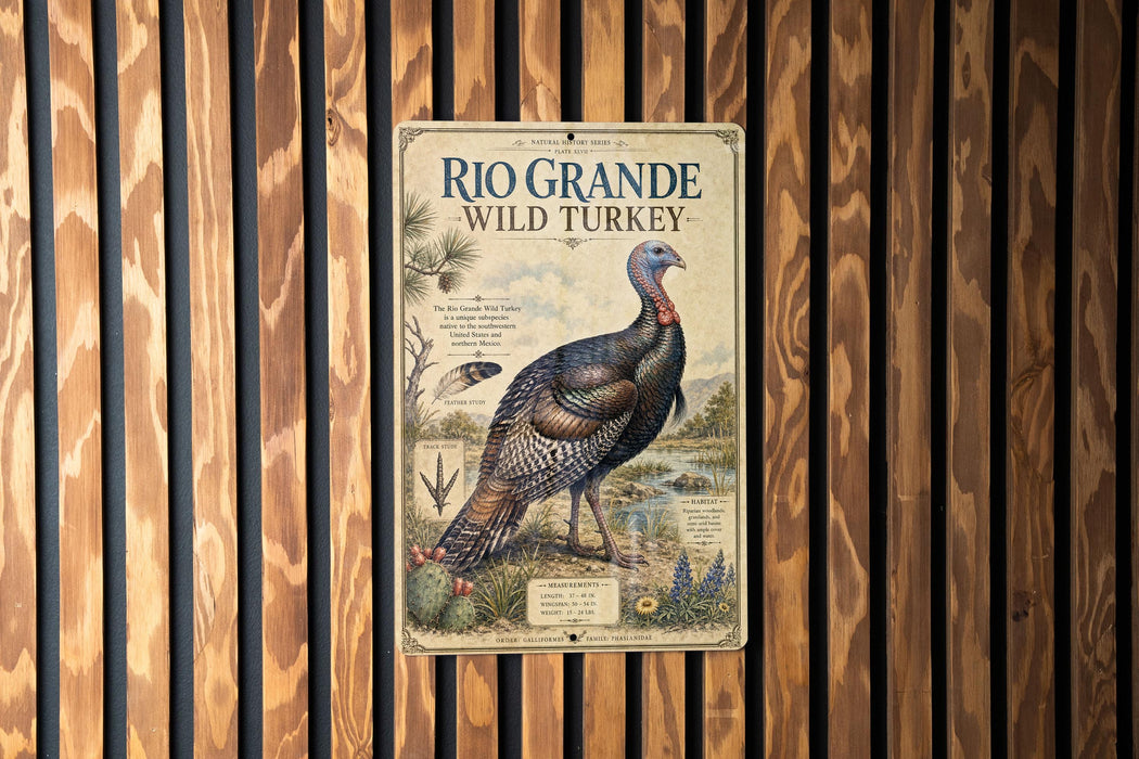 A vintage-style poster of a wild turkey is displayed on a wooden wall.