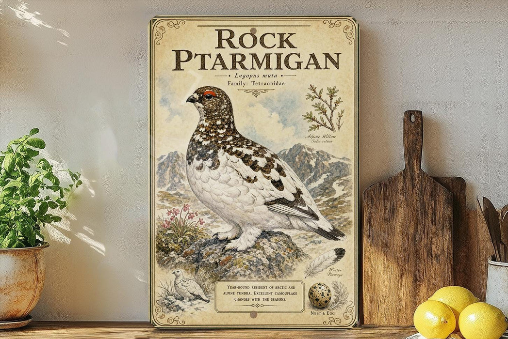a vintage-style poster of a mountain bird, likely a pterodactyl, displayed on a shelf next to a wooden cutting board and some potted plants.