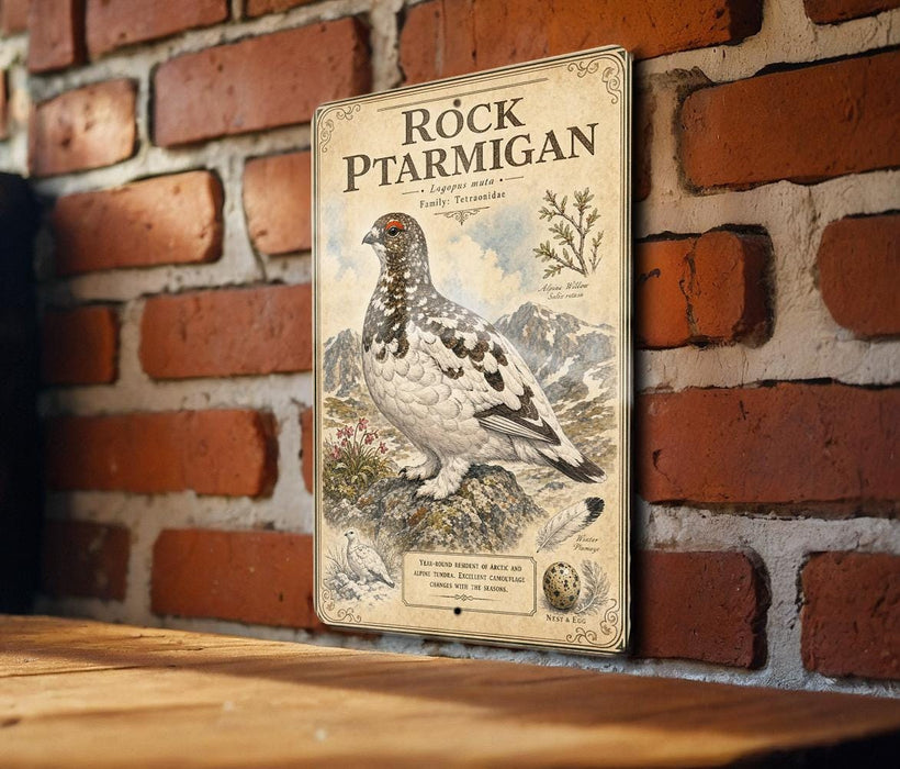 A vintage-style metal sign with a detailed illustration of a bird, likely a pterodactyl, perched on a rock against a brick wall.